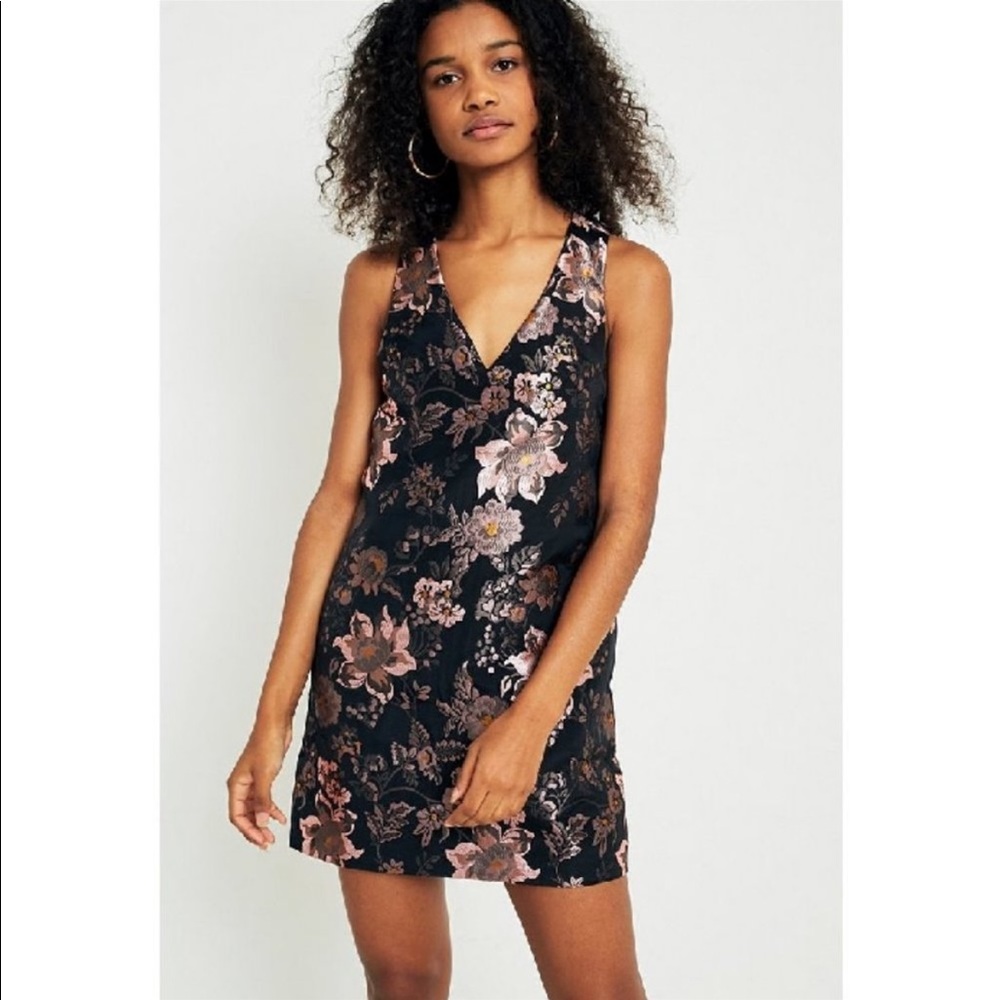 Urban Outfitters Jacquard Dress | Black & Pink Floral Open V-Back Dress